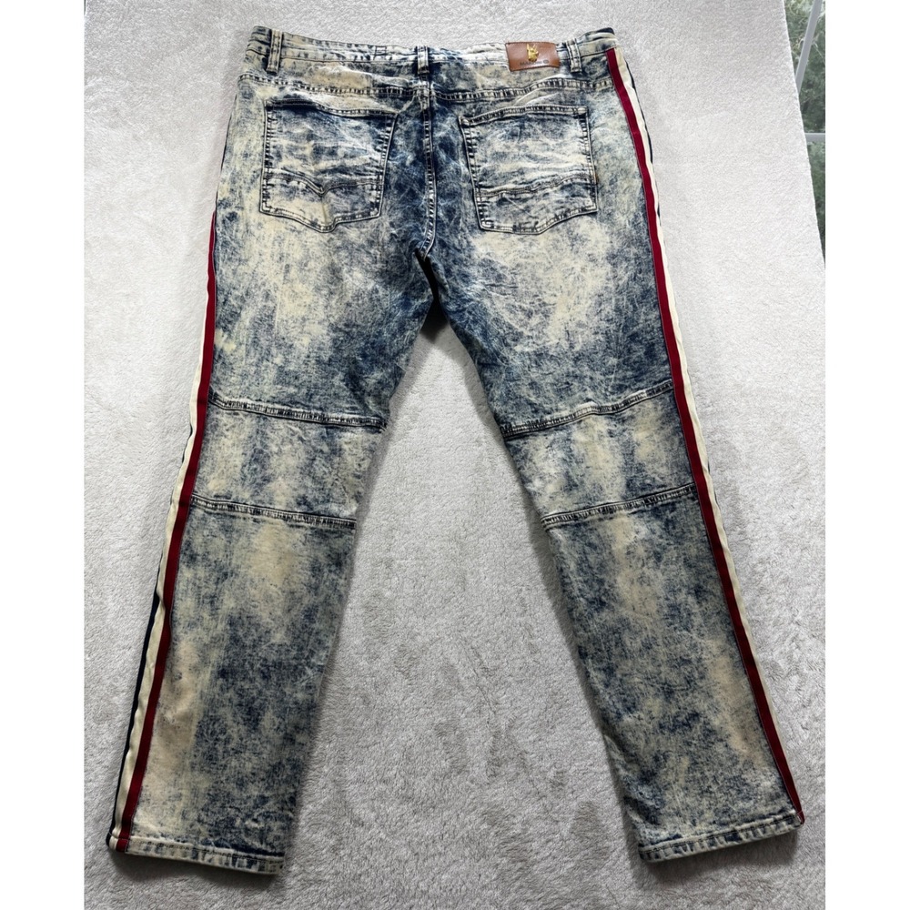 Makobi Mens Biker Distressed Acid Wash Blue Jeans 42x32 Meas: 43x33 - Picture 2 of 7